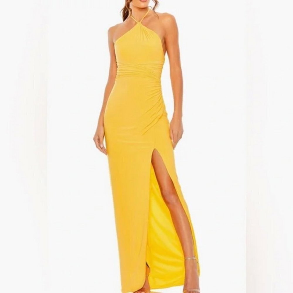 Ieena Mac Duggal Marigold Yellow Halter Neck Ruched Side Slit Gown